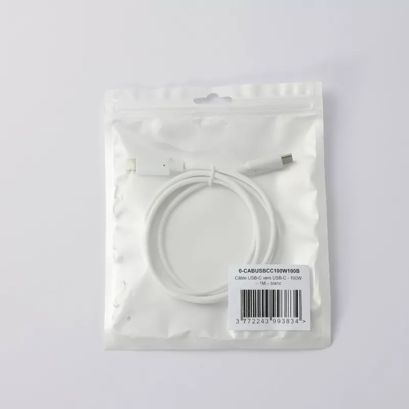 Câble USB-C/USB-C 2.0 Male/Male - 100W - Longueur 1M - Blanc - en sachet
