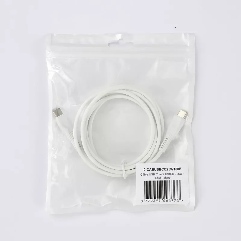 Câble USB-C/USB-C 2.0 Male/Male - 25W - Longueur 1.80M - Blanc - en sachet