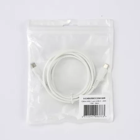Câble USB-C/USB-C 2.0 Male/Male - 25W - Longueur 1.80M - Blanc - en sachet