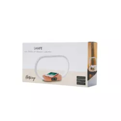 Lampe de chevet avec chargeur induction à 10W, lumiosité réglable, 1 port USB pour la charge, affichage l'heure, en alu et bois
