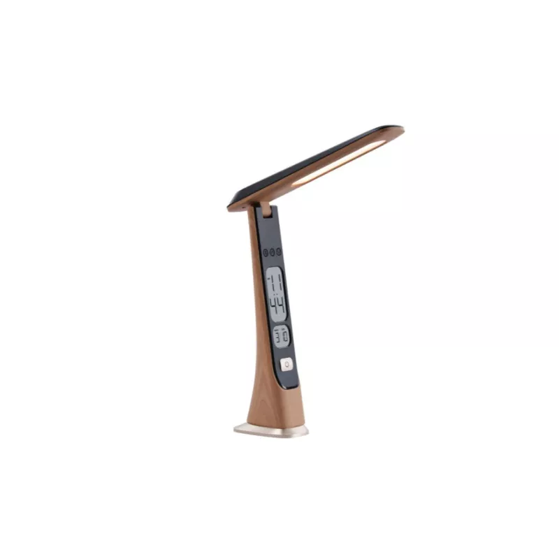 Lampe de bureau avec fonction réveil, affichage de l'heure, lumiosité réglable, bras pliable, effet bois