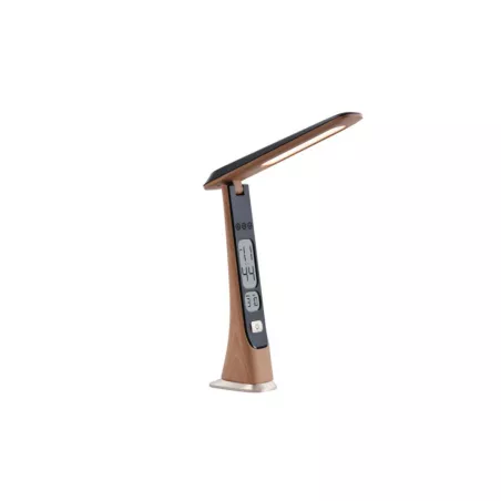 Lampe de bureau avec fonction réveil, affichage de l'heure, lumiosité réglable, bras pliable, effet bois