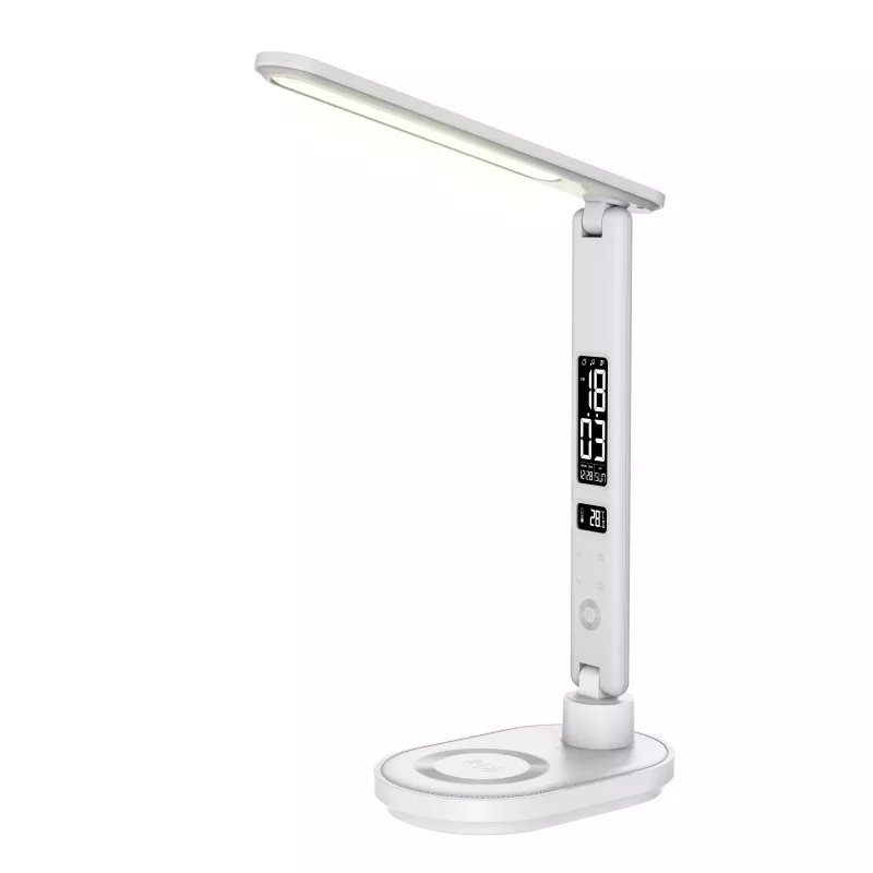 Lampe de bureau avec la charge induction 10W, fonction réveil, affichage de l'heure, la date, la température, lumiosité…