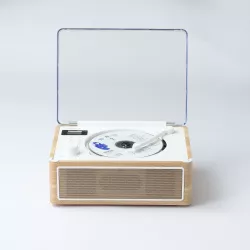 Lecteur CD HALTERREGO, radio FM, bluetooth, rechargeable, style rétro, bois clair