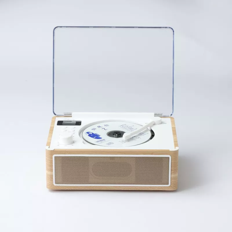 Lecteur CD HALTERREGO, radio FM, bluetooth, rechargeable, style rétro, bois clair