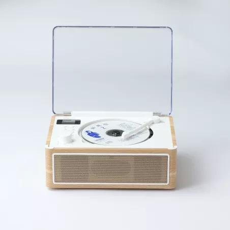 Lecteur CD HALTERREGO, radio FM, bluetooth, rechargeable, style rétro, bois clair