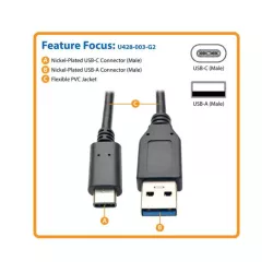 Tripp Lite - Câble USBC vers USB-A (M/M), USB 3.1 Gen 2 (10 Gbps compatible Thunderbolt 3, 0,9 m.