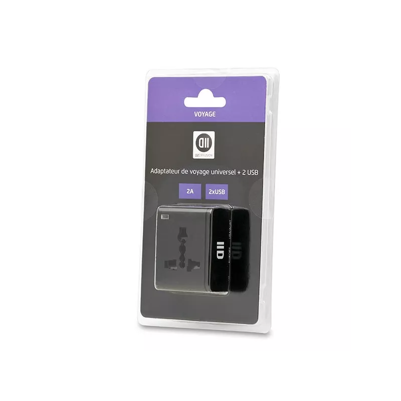 Adaptateur multi pays 2USB 2A noir