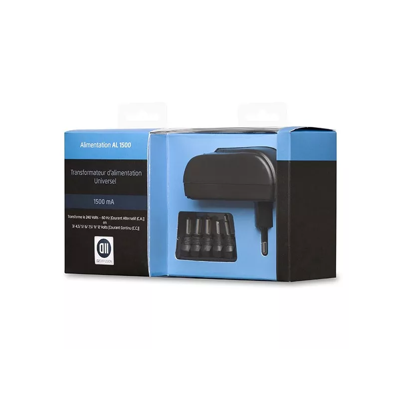Bloc d'alimentation Universel1500mA +6 fiches - Entrée 240V 18W Sorties 3/4,5/5/6/7,5/9/12V