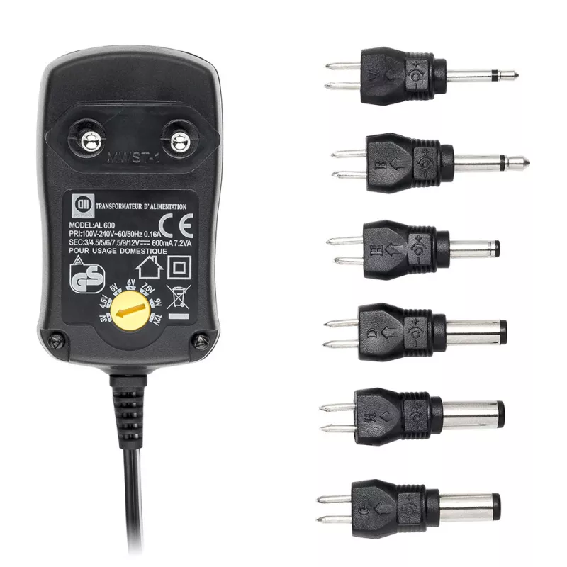 Bloc d'alimentation Universel 600mA +6 fiches - Entrée 240V 7.5W Sorties 3/4,5/5/6/7,5/9/12V