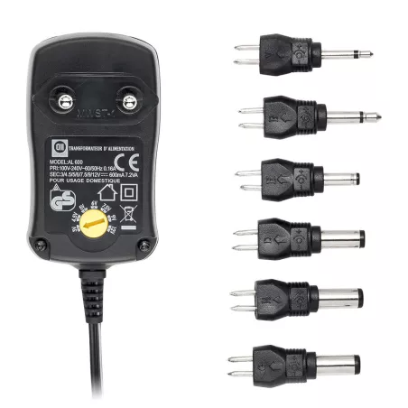Bloc d'alimentation Universel 600mA +6 fiches - Entrée 240V 7.5W Sorties 3/4,5/5/6/7,5/9/12V