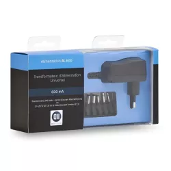 Bloc d'alimentation Universel 600mA +6 fiches - Entrée 240V 7.5W Sorties 3/4,5/5/6/7,5/9/12V
