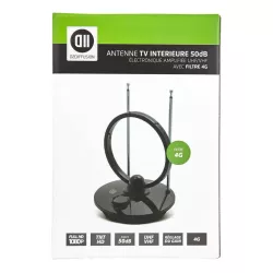 Antenne TV intérieure 50db - ronde amplifiéeUHF/VHFavec filtre 4G noire - gain maximum 50db - Portée de l'antenne 25 km