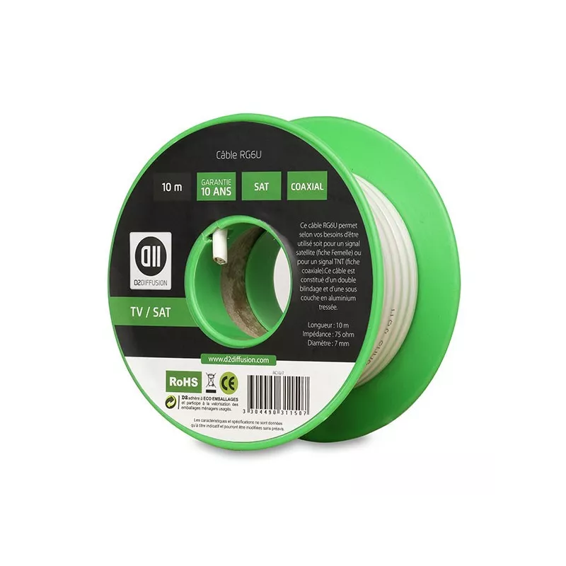 Bobine de câble Coaxial 10 m Blanc