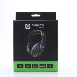 Casque TV filaire réglable - Connecteur jack plaqué or - Adaptateur jack 6,35 plaqué or vissable - Câble 6m - Noir