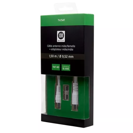 Câble Coaxial mâle/femelle 9.52 mm +adaptateur mâle/mâle 1.50 m,Blanc