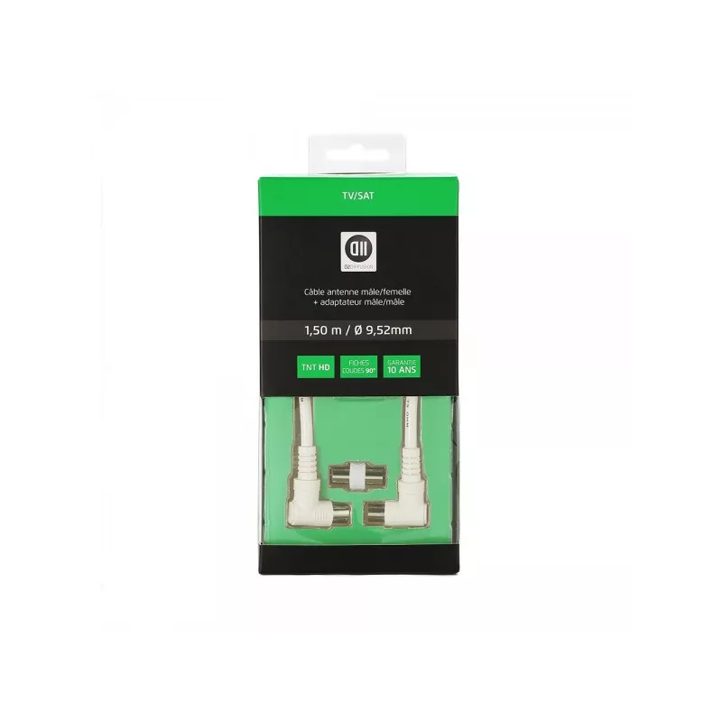 Câble Coaxial mâle/femelle Fiches coudé à 90° des 2 côtés 1.50 m Blanc 9.52 mm