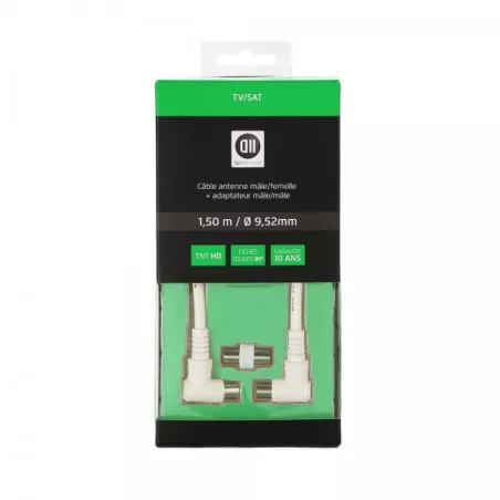 Câble Coaxial mâle/femelle Fiches coudé à 90° des 2 côtés 1.50 m Blanc 9.52 mm