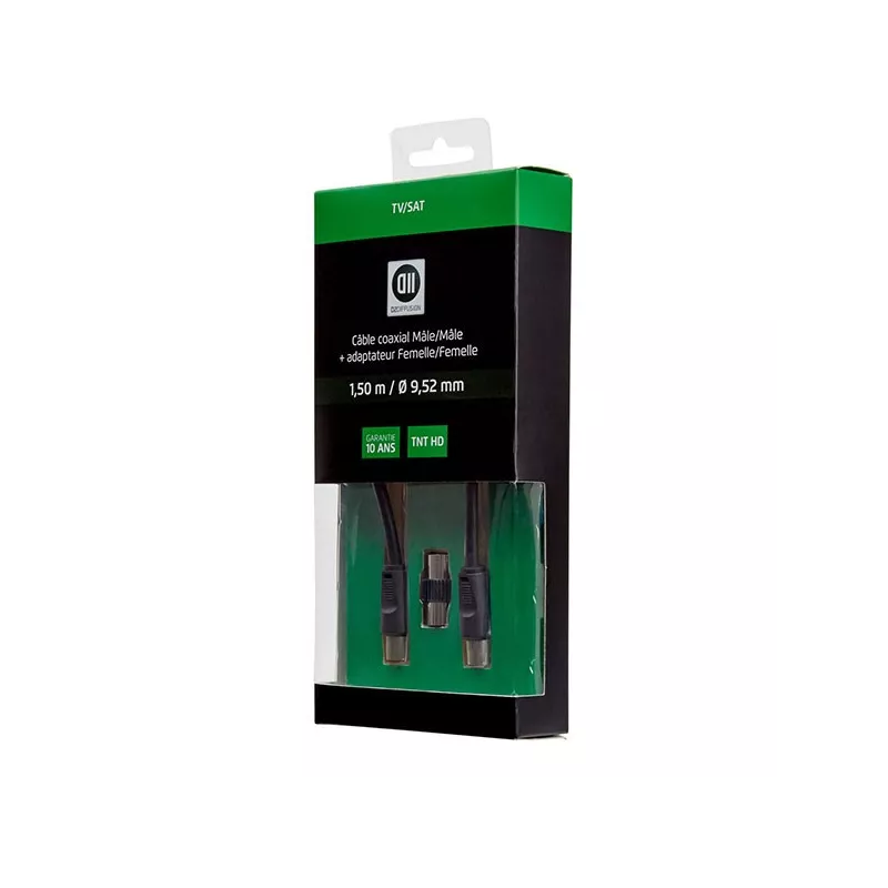 Câble antenne mâle/mâle 9.52 mm + adaptateur femelle/femelle 1.5M noir
