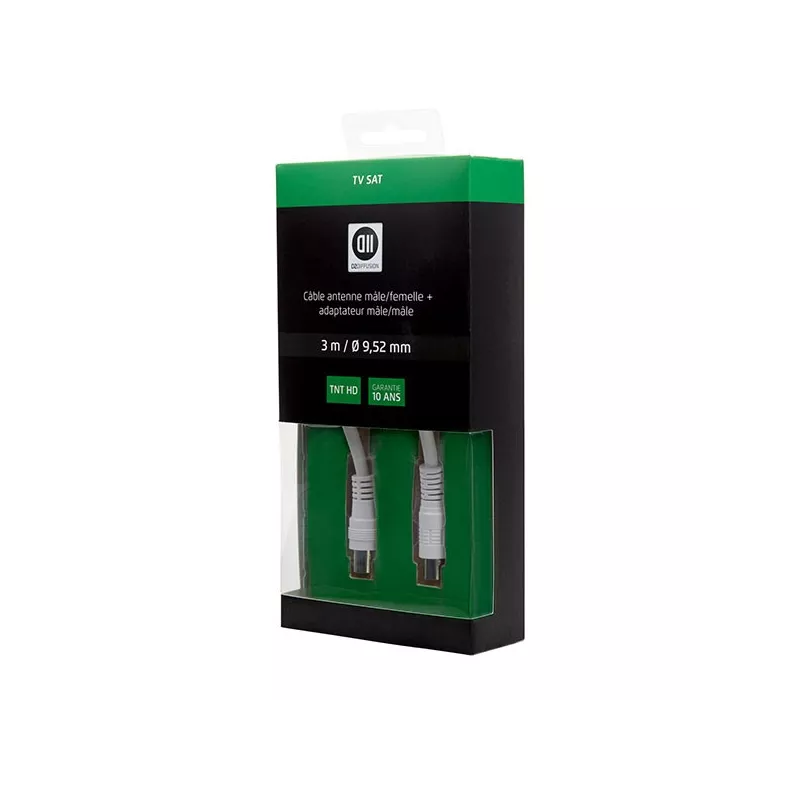 Câble Coaxial mâle/femelle 9,52mm +1 adaptateur mâle/mâle 3 m Blanc