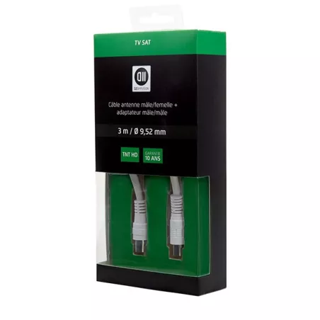 Câble Coaxial mâle/femelle 9,52mm +1 adaptateur mâle/mâle 3 m Blanc