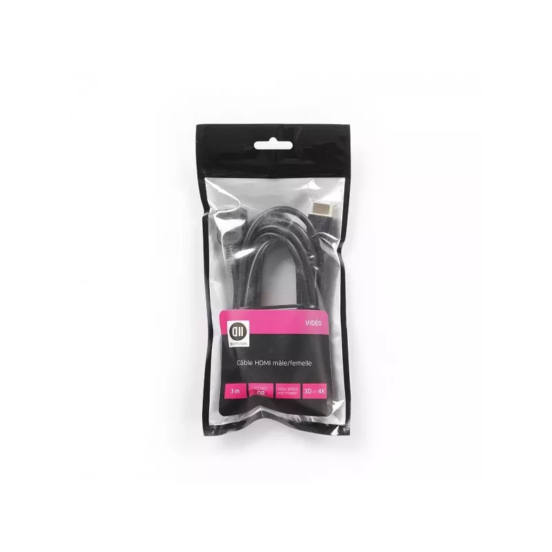 Rallonge HDMI mâle/femelle 3m noir, plaqué or, 4K, AWG 30 vendu en SACHET