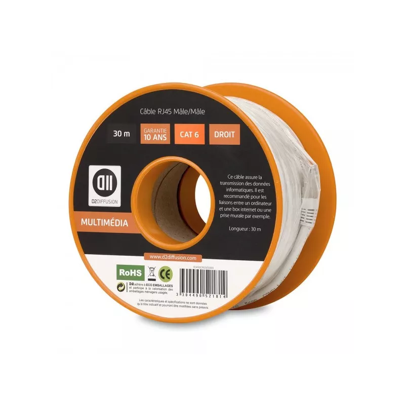 Bobine câble RJ45 droile mâle 30m blindage U/UTP - CAT 6 - coloris gris