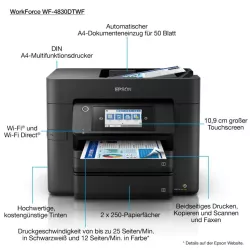EPSON WorkForce Pro WF-4830DTWF MFP Jet d'encre couleur A4 25ppm/12ppm, R-V impression-scanne, chargeur 50p,Wifi,USB…