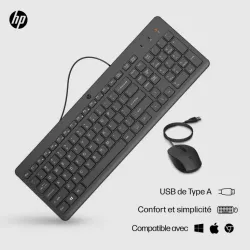 Clavier et souris filaires HP 150 Noir, AZERTY, précis et ergonomiques, clavier silencieux, touches ultraplates