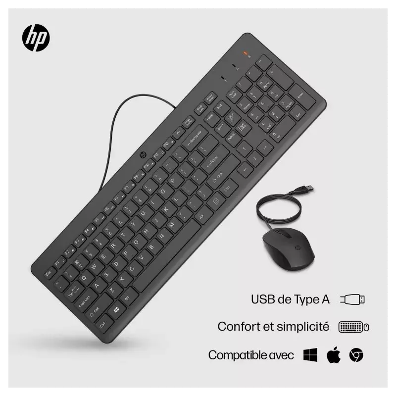 Clavier et souris filaires HP 150 Noir, AZERTY, précis et ergonomiques, clavier silencieux, touches ultraplates