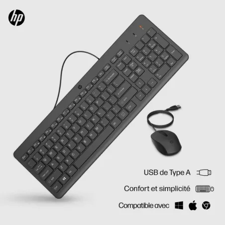 Clavier et souris filaires HP 150 Noir, AZERTY, précis et ergonomiques, clavier silencieux, touches ultraplates