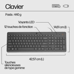 Clavier et souris filaires HP 150 Noir, AZERTY, précis et ergonomiques, clavier silencieux, touches ultraplates
