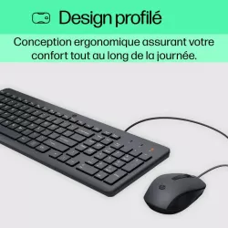 Clavier et souris filaires HP 150 Noir, AZERTY, précis et ergonomiques, clavier silencieux, touches ultraplates