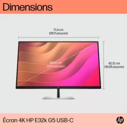 Moniteur HP E32k G5 32'' 4k Docking USB-C power delivery UHD 4K IPS 5ms GtG 350nits Regl Hauteur,Pivotable,Inclinable…