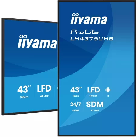 IIYAMA LFD 43 dalle IPS 24/7 4K 3840x2160 16:9 3xHDMI 2xUSB DP HPs RJ45 RS-232c 500cd/m² Paysage/port 8ms MediaPlayer Android…