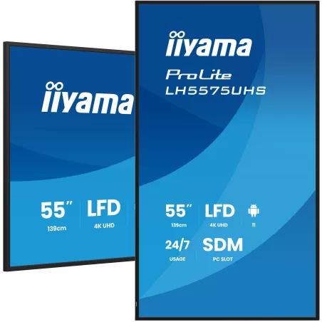 IIYAMA LFD 55" dalle IPS 24/7 4K UHD 3840x2160 3xHDMI 2xHP 10W DP 2xUSB 2.0 500cd/m² Paysage/port 8ms MediaPlayer VESA 400x400…
