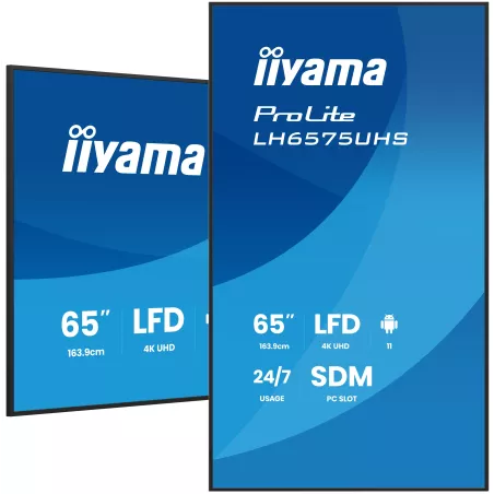 IIYAMA LFD 64,5" dalle IPS 24/7 4K UHD 3840x2160 3xHDMI 2xHP10W 1xDP 2xUSB 2.0 500cd/m² Paysage/port 8ms MediaPlayer VESA…
