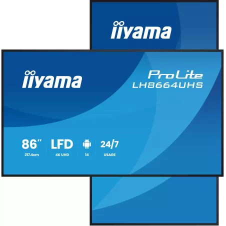 IIYAMA LFD 86" dalle IPS 24/7 3840x2160 16:9 60Hz 2xHDMI 2xUSB USB-C 1xMini jack HPs 2x16W 450cd/m² Paysage/port 8ms Media…