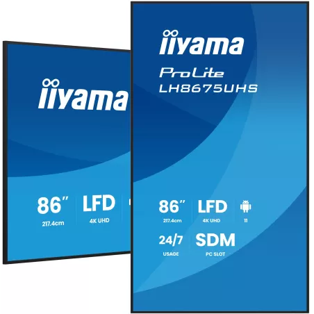 IIYAMA LFD 86" dalle IPS 24/7 3840x2160 16:9 60Hz 3xHDMI DisplayPort 2xUSB2.0 500cd/m² Haut-parleurs 2x10W Paysage/port 8ms…
