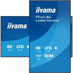 IIYAMA LFD 86" dalle IPS 24/7 3840x2160 16:9 60Hz 3xHDMI DisplayPort 2xUSB2.0 500cd/m² Haut-parleurs 2x10W Paysage/port 8ms…