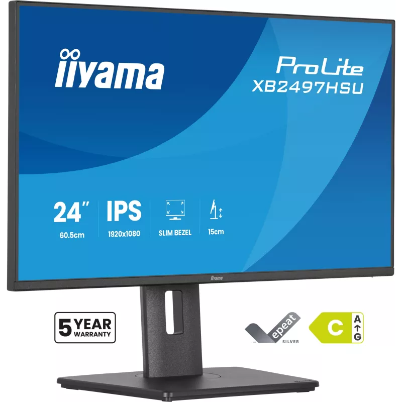 Ecran IIYAMA 24'' Ultra mince Noir IPS 1920x1080 16:9 120Hz 4ms 350cd/m² HDMI DP USB-HUB (2x 3.2 + 2xC) HPs 2 x 2W 15cm pied…
