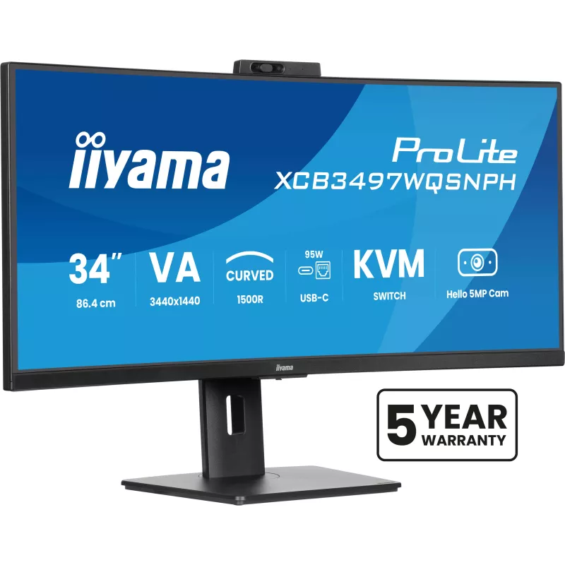 Ecran IIYAMA 34 Noir VA incurvé 1500R avec Webcam 5MP 21:9 3440x1440 120Hz 350 d/m2 0.4ms DP 2xHDMI HPs USB C 4xUSB-HUB USB-C…