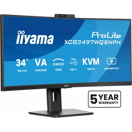 Ecran IIYAMA 34 Noir VA incurvé 1500R avec Webcam 5MP 21:9 3440x1440 120Hz 350 d/m2 0.4ms DP 2xHDMI HPs USB C 4xUSB-HUB USB-C…