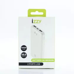 Batterie de secours IZZY 10000mAh - 2 ports USB A + 1 port USB-C - 10,5W - blanc