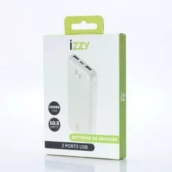Batterie de secours IZZY 10000mAh - 2 ports USB A + 1 port USB-C - 10,5W - blanc