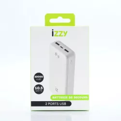 Batterie de secours IZZY 20000mAh - 2 ports USB A + 1 port USB-C - 10,5W - blanc
