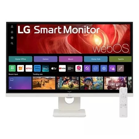 SMART Monitor LG 27 IPS Blanc 3840x2160 16:9 IPS 5ms 350cd/m² 60Hz HDMI USB-C Sortie Casque Webcam HPs Télécommande WebOs Pied…