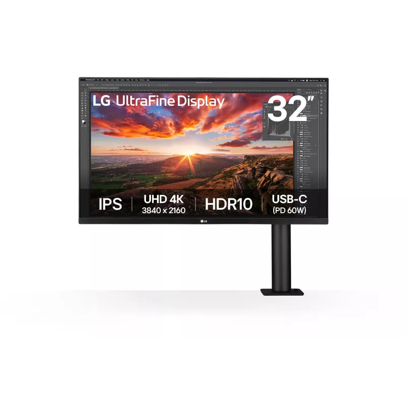 Ecran LG 32 IPS 16:9 UHD 4K 3840x2160 350cd/m² 5ms HDMI DisplayPort USB-C Sortie Casque HPs Pied Réglable haut Inclin Rotatif…