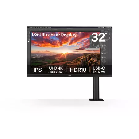 Ecran LG 32 IPS 16:9 UHD 4K 3840x2160 350cd/m² 5ms HDMI DisplayPort USB-C Sortie Casque HPs Pied Réglable haut Inclin Rotatif…