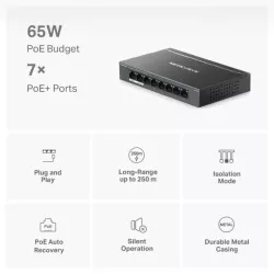 Boitier en métal Switch de bureau 8 ports Gigabit avec 7 ports PoE, 8 ports RJ45 10/100/1000 Mbps Longue portée jusqu'à 250 m